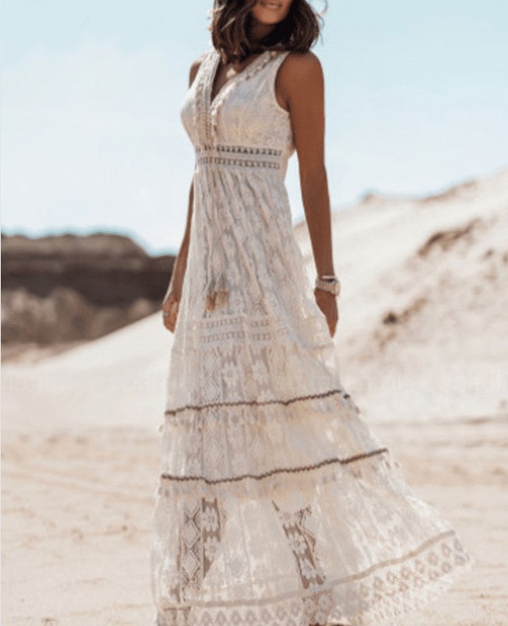 Robe longue bohème détail dentelle brise