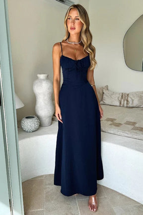 Robe longue marine à lacets vue latérale brise