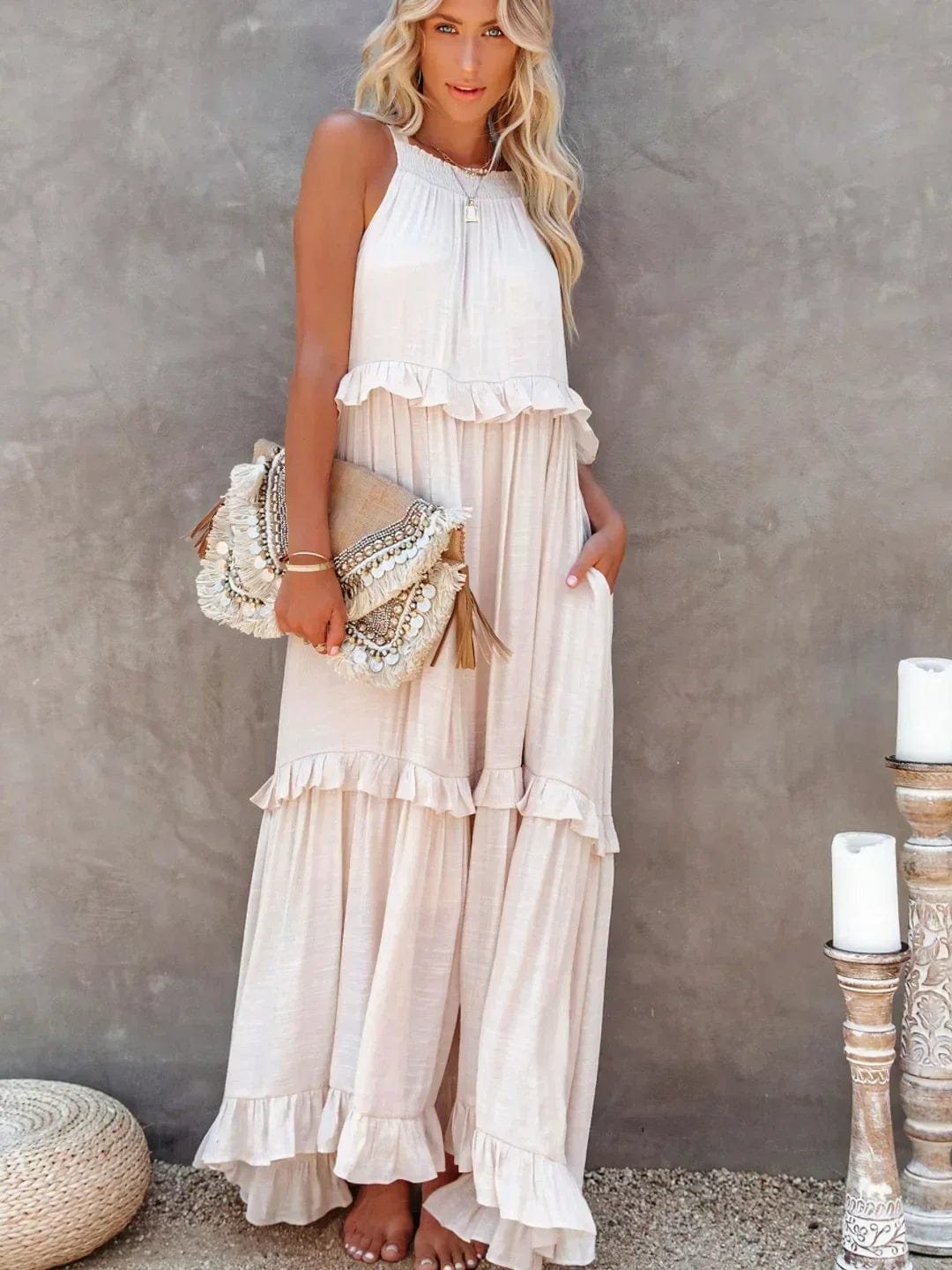 Robe longue bohème dos nu avec volants - Soleil