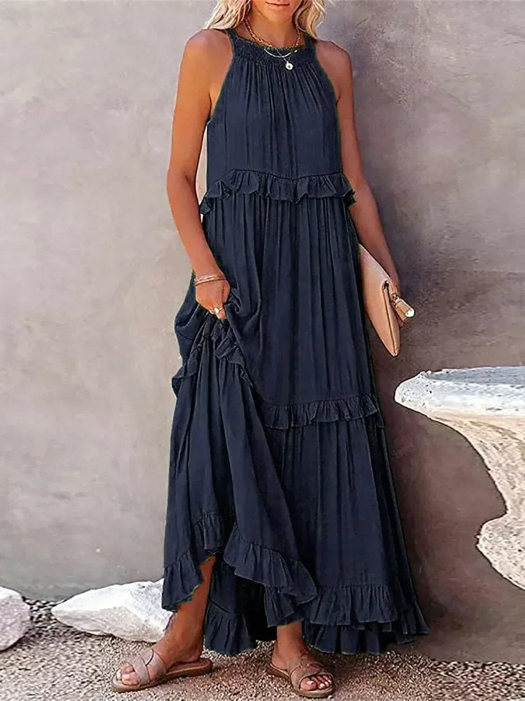 Robe Longue Bohème à Volants - Dos Nu