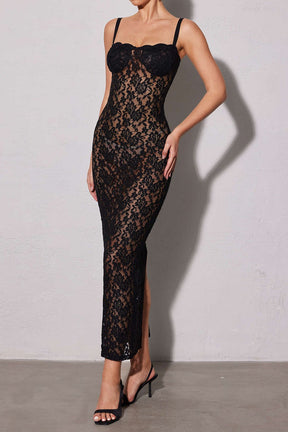 Robe soirée fendue dentelle soleil