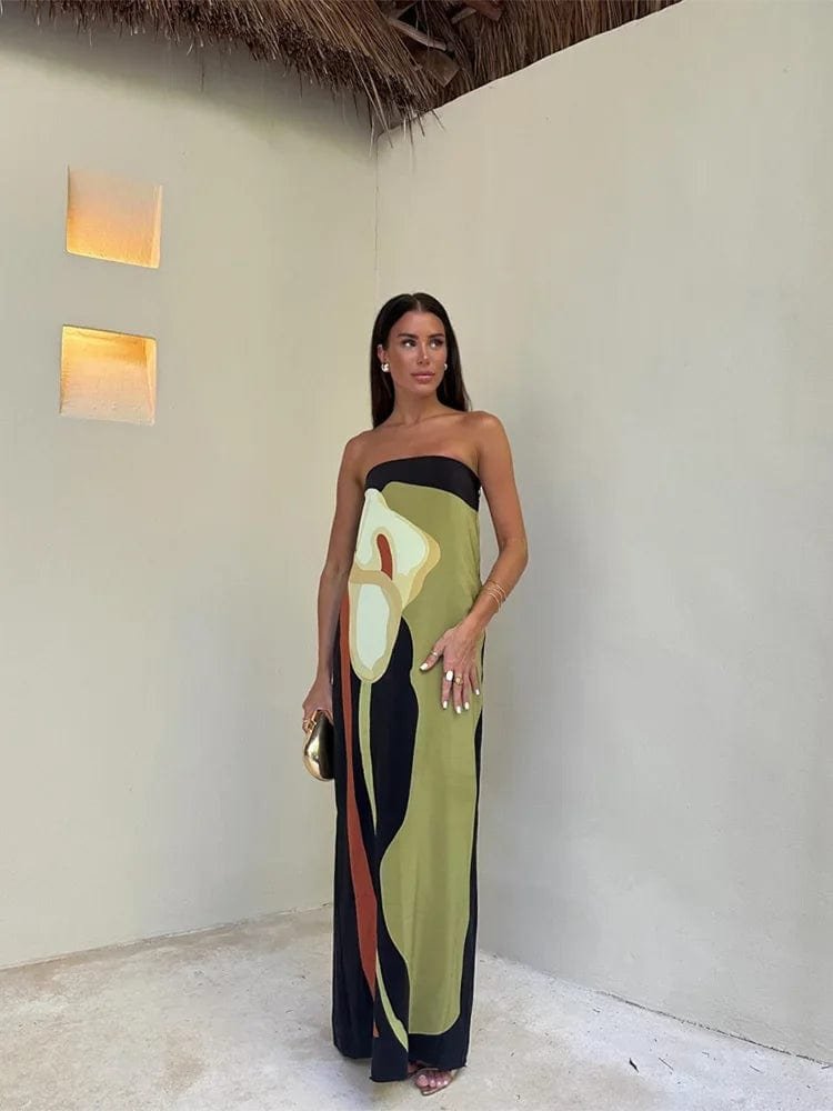 Robe longue bustier motif avocat soleil