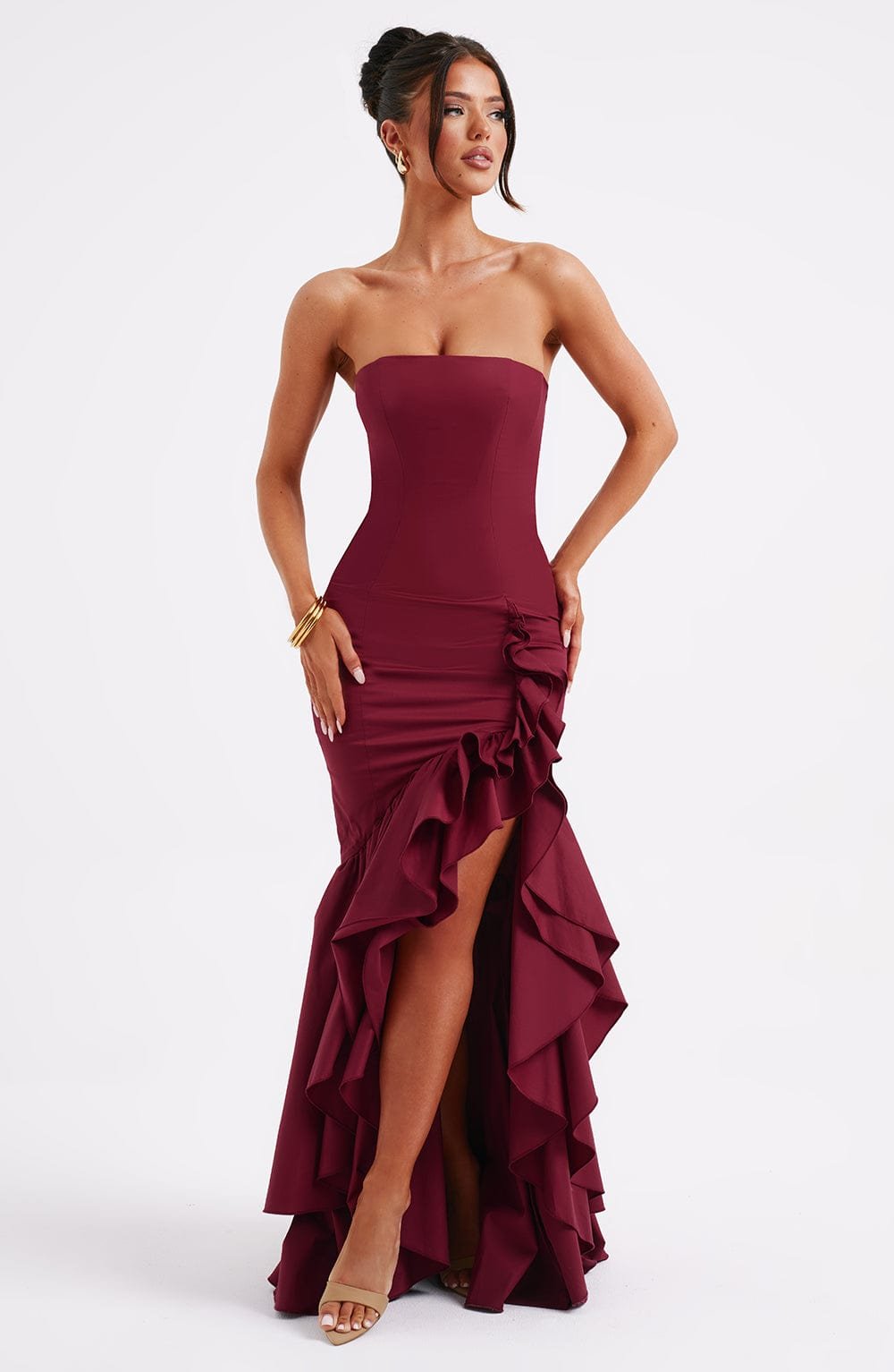 Robe longue bordeaux bustier à volants - Étoile
