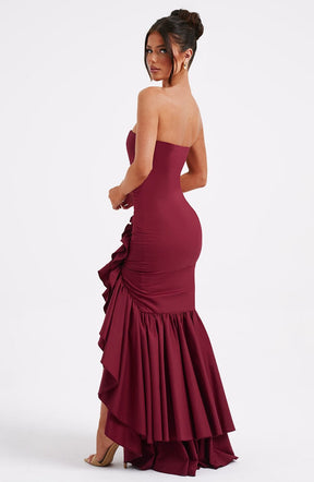 Robe Longue Bustier à Volants et Fente