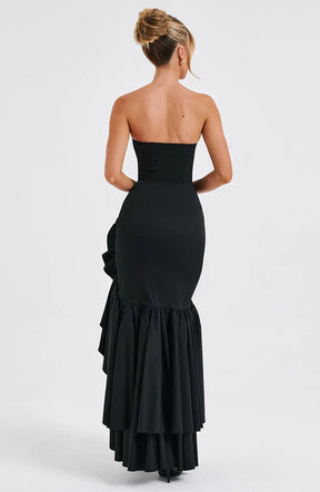 Robe Longue Bustier à Volants et Fente