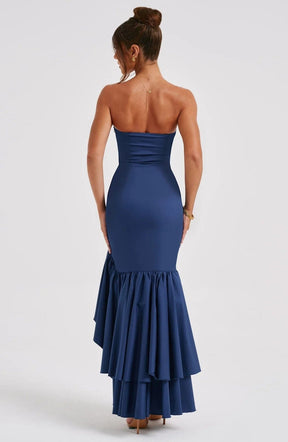 Robe Longue Bustier à Volants et Fente