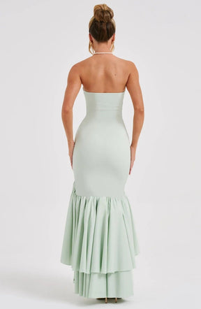 Robe Longue Bustier à Volants et Fente