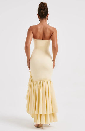 Robe Longue Bustier à Volants et Fente