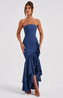 Robe Longue Bustier à Volants et Fente
