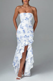 Robe Longue Bustier à Volants et Fente