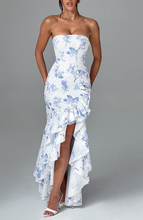Robe Longue Bustier à Volants et Fente