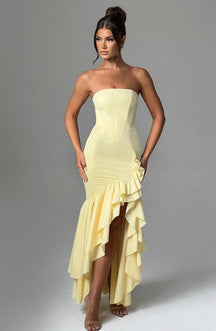 Robe Longue Bustier à Volants et Fente