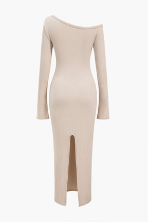 Robe longue côtelée beige détail encolure douceur