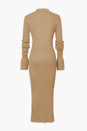 Robe Longue Côtelée Col Montant Élégante