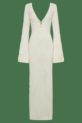 Robe longue blanche en crochet vue complète cristal