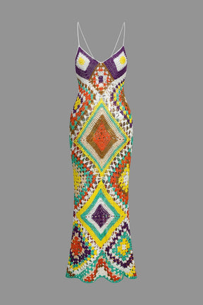 Robe longue bohème en crochet multicolore soleil