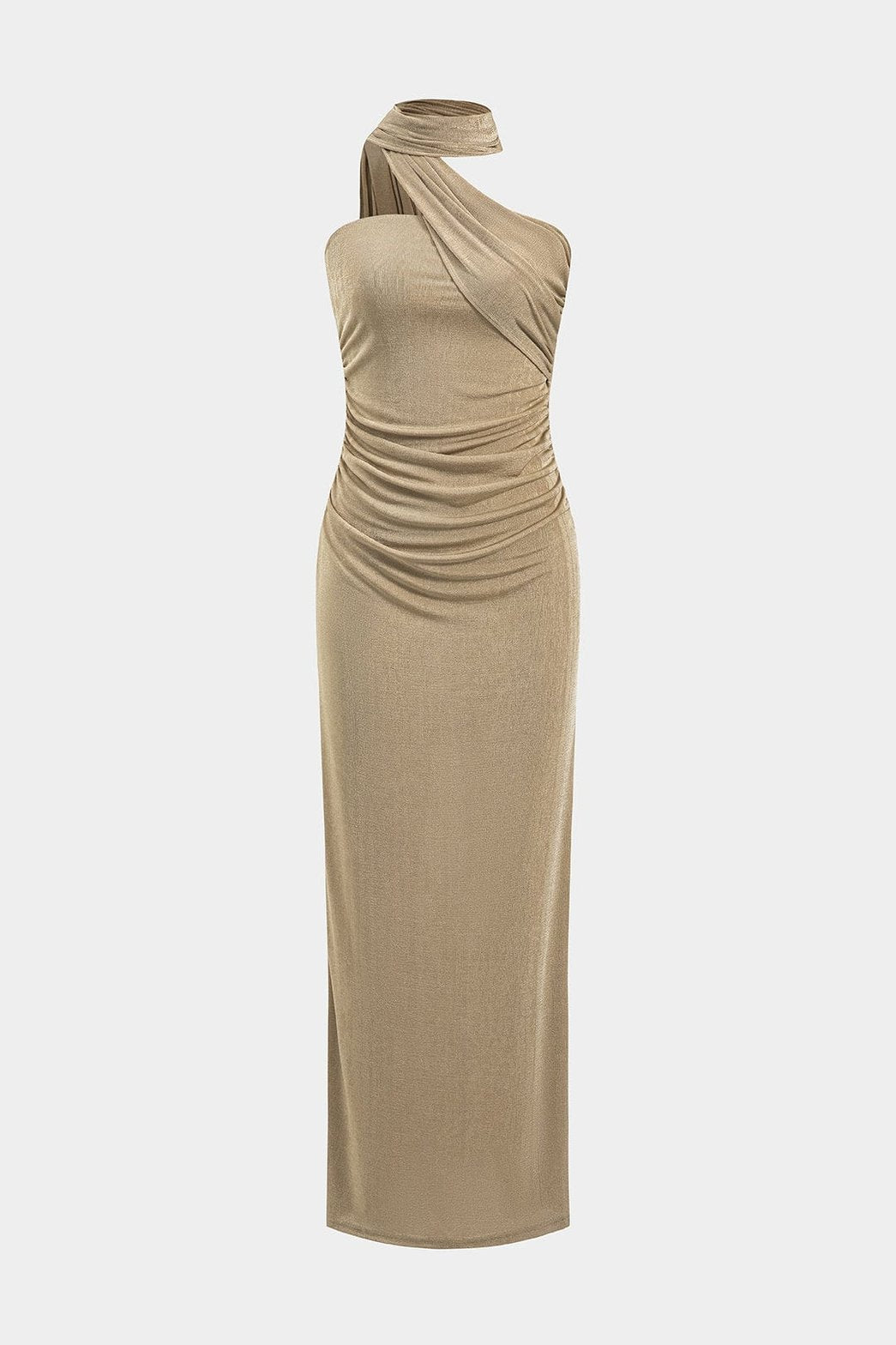Robe longue dos nu col halter beige élégante sunset
