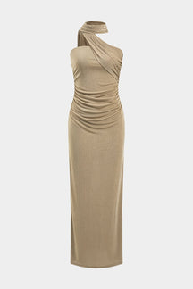 Robe longue dos nu col halter beige élégante sunset