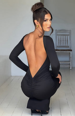 Robe longue noire dos nu glamour