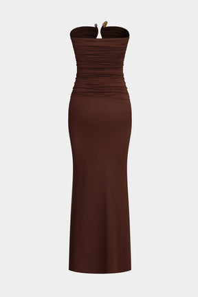 Robe longue drapée marron vue de dos douceur