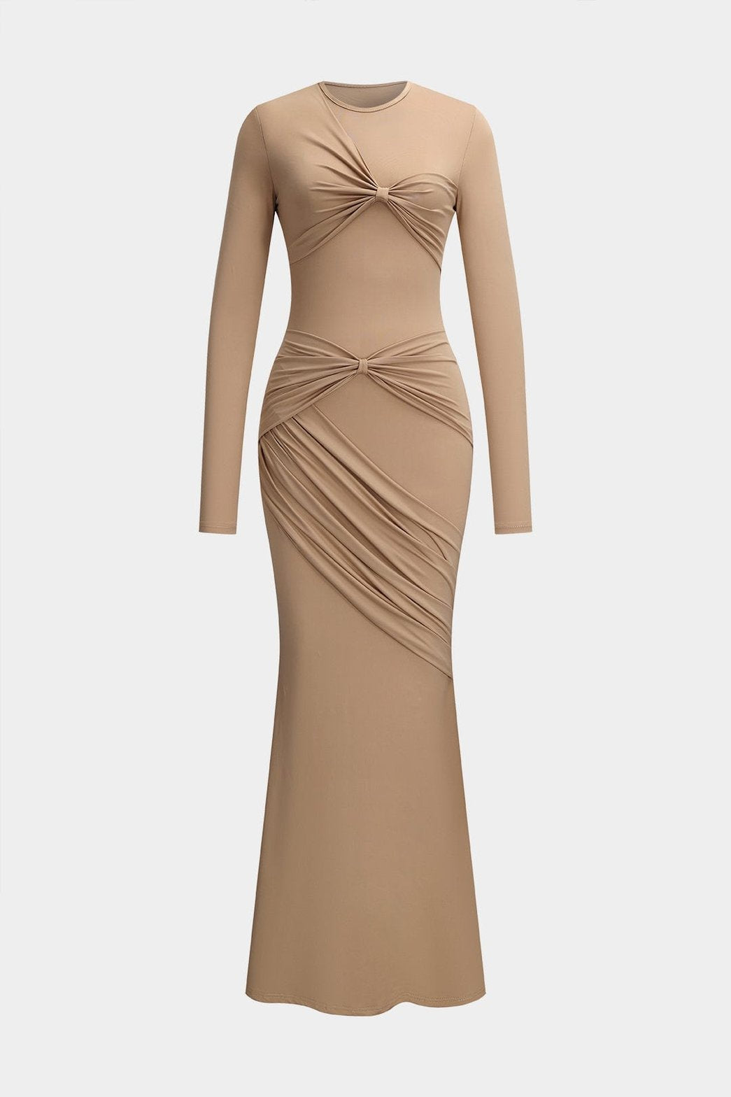 Robe longue drapée beige élégante vue de face - Douceur