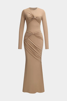 Robe longue drapée beige élégante vue de face - Douceur
