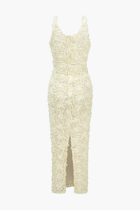 Robe Longue Fendue Col V à Appliqués Floraux