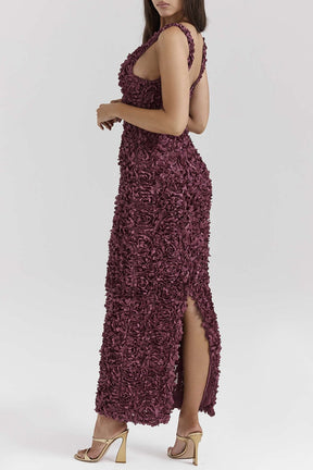 Robe Longue Fendue Col V à Appliqués Floraux