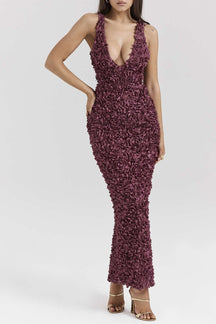 Robe Longue Fendue Col V à Appliqués Floraux