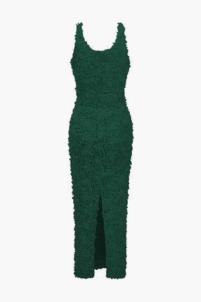 Robe Longue Fendue Col V à Appliqués Floraux