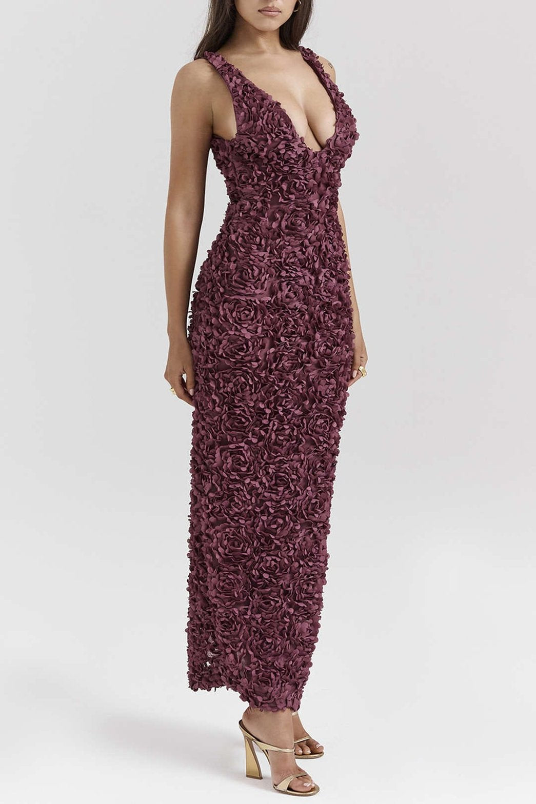 Robe Longue Fendue Col V à Appliqués Floraux