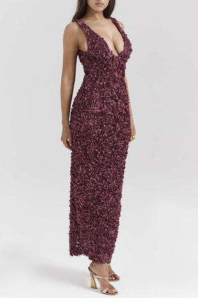 Robe Longue Fendue Col V à Appliqués Floraux