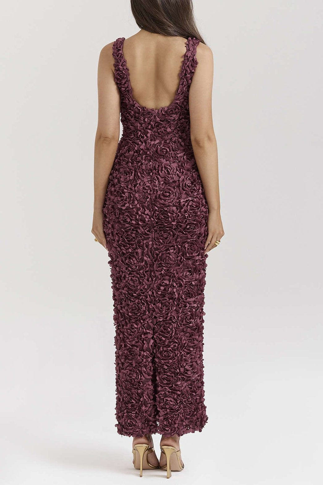 Robe Longue Fendue Col V à Appliqués Floraux