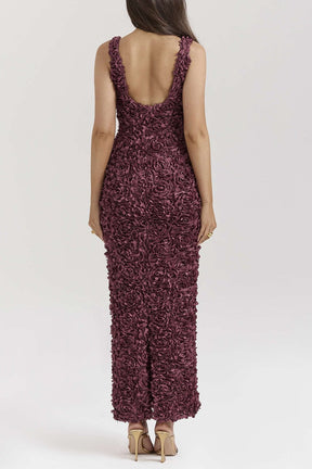 Robe Longue Fendue Col V à Appliqués Floraux