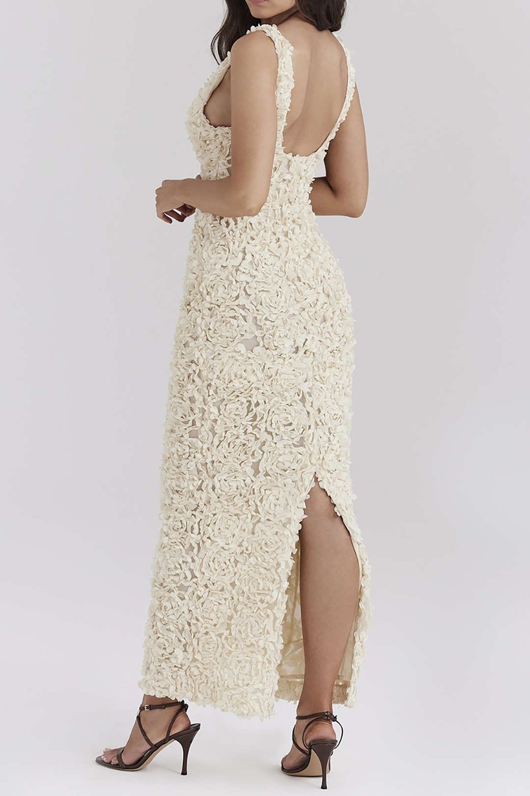 Robe Longue Fendue Col V à Appliqués Floraux