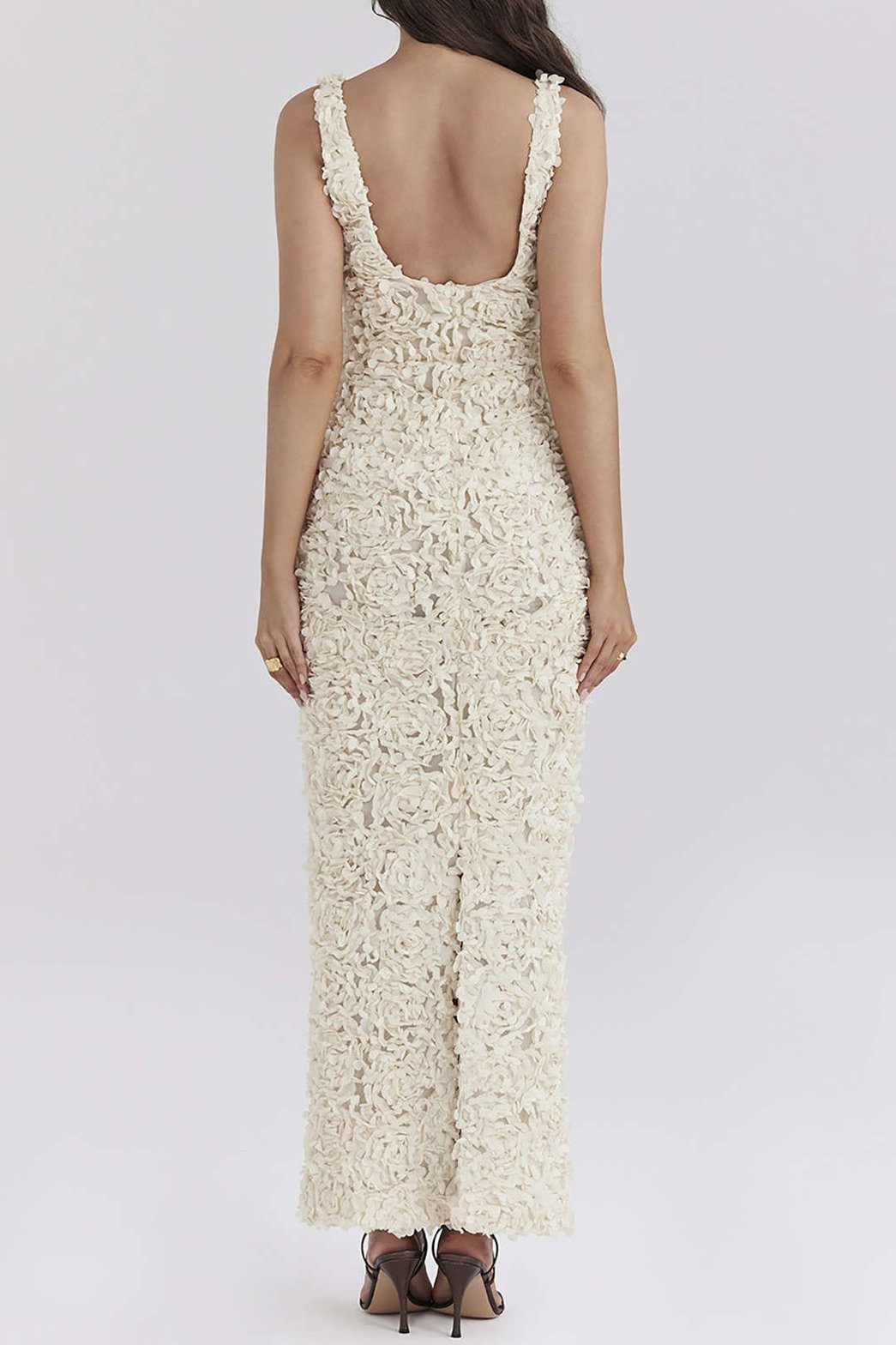 Robe Longue Fendue Col V à Appliqués Floraux