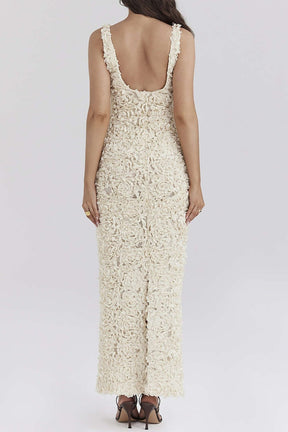 Robe Longue Fendue Col V à Appliqués Floraux