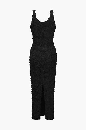 Robe Longue Fendue Col V à Appliqués Floraux