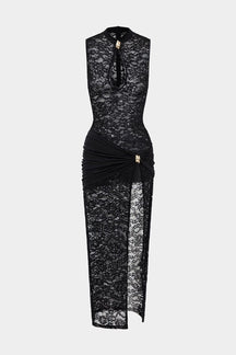 Robe longue dentelle noire fendue élégante soleil