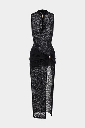 Robe longue dentelle noire fendue élégante soleil