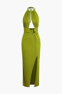Robe longue fendue verte élégante soleil