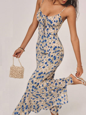 Robe longue fleurie bleue élégance