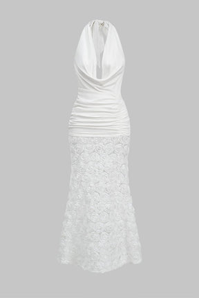 Robe longue blanche dos nu à fleurs 3D élégance
