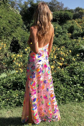 Robe longue fleurie rose vue de côté étoile