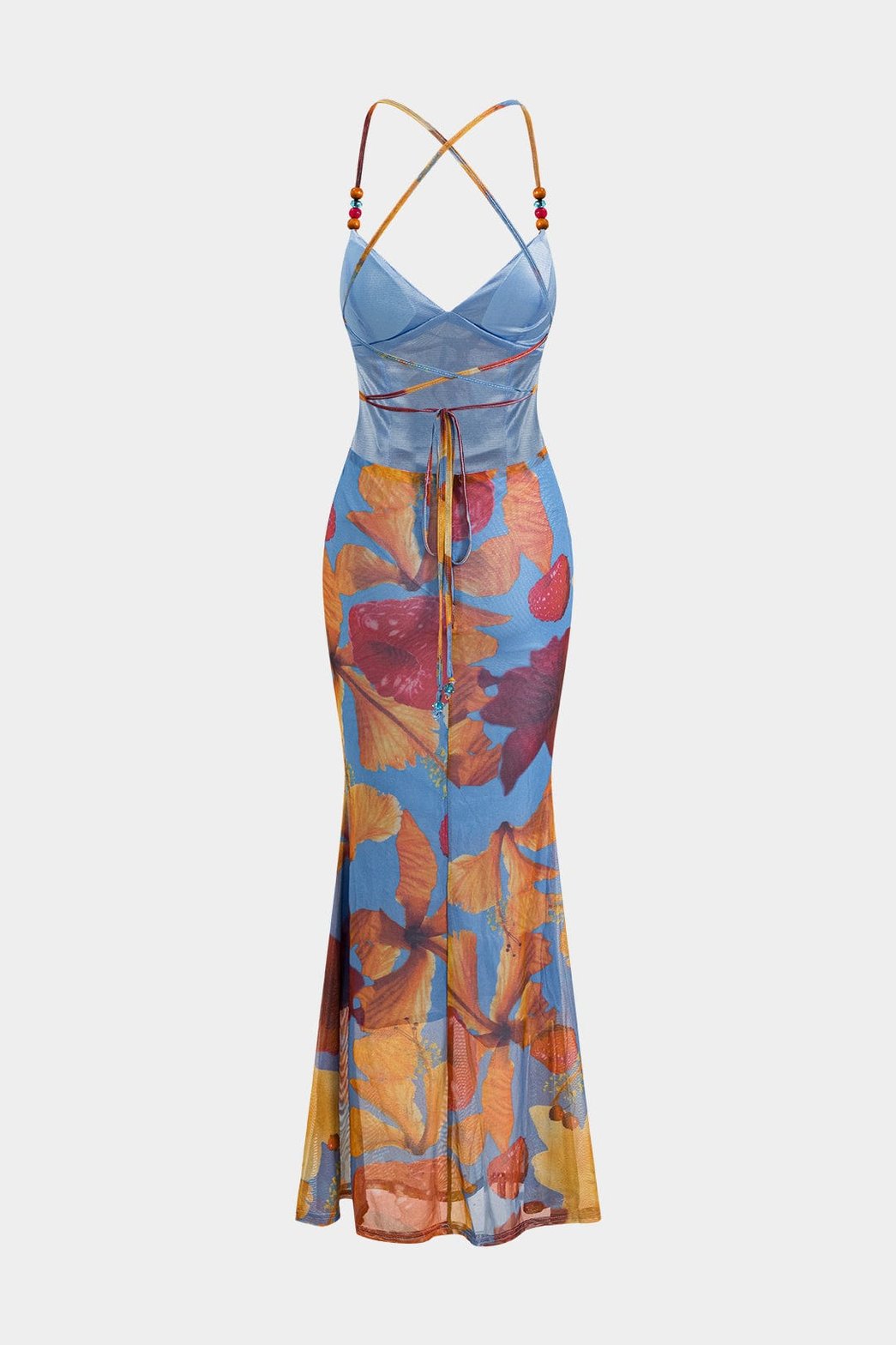 Robe longue fleurie mesh vue de dos azur