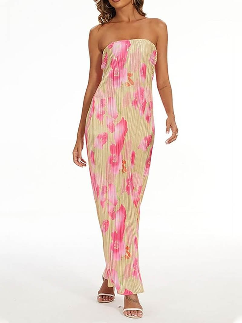 Robe bustier plissée motif floral - Élégance