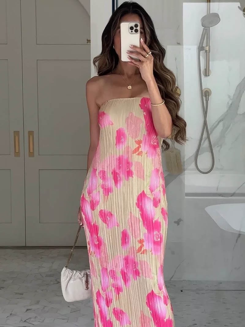 Robe longue fleurie rose et beige - Harmonie