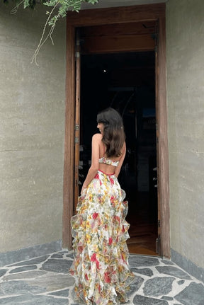 Robe longue fleurie vue latérale perle