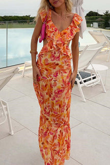 Robe longue florale orange à volants soleil