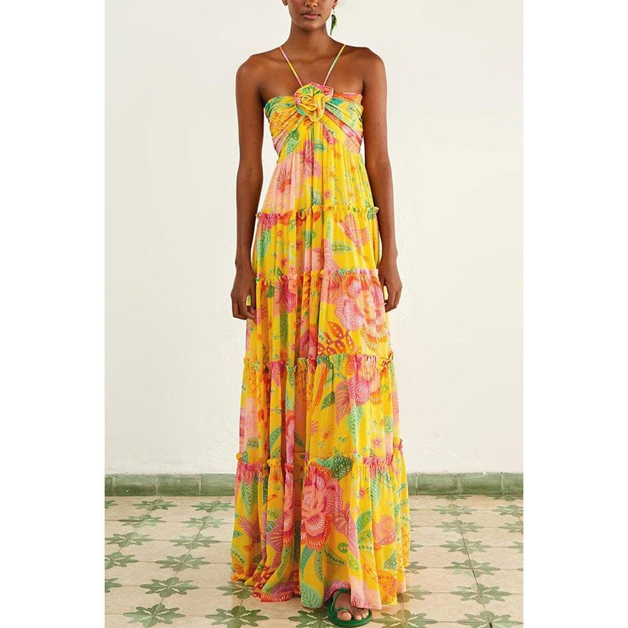 Robe longue fleurie jaune à volants soleil